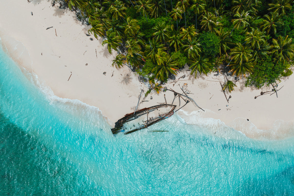 An aerial view of a rusted shipwreck resting on a white sand beach bordered by a lush palm forest and turquoise ocean water.