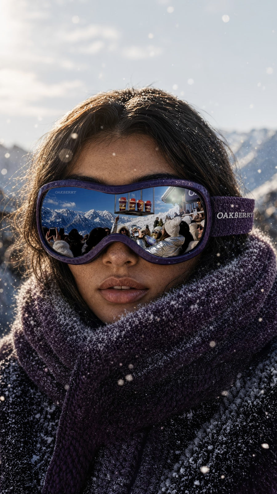 Oakberry Apres-Ski campaign, close portrait with branded goggles