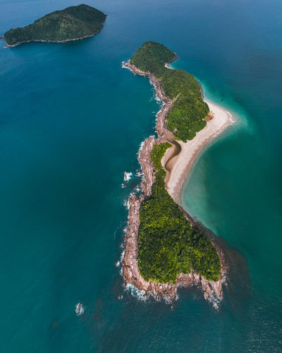 Island peninsula in turquoise water, aerial, Brazil